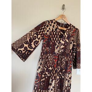 1970s Smart Time batik cotton kaftan maxi dress multi pattern earth tones L